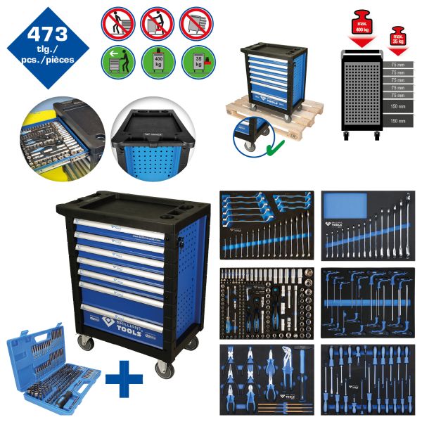 Chariot d’atelier Brilliant Tools avec 7 tiroirs et 473 outils, BT153473